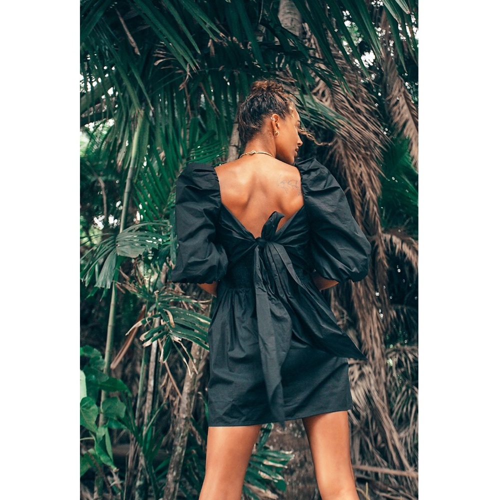 Free People Back Tie Puff Sleeve Black Mini Dress - Picture 2 of 4
